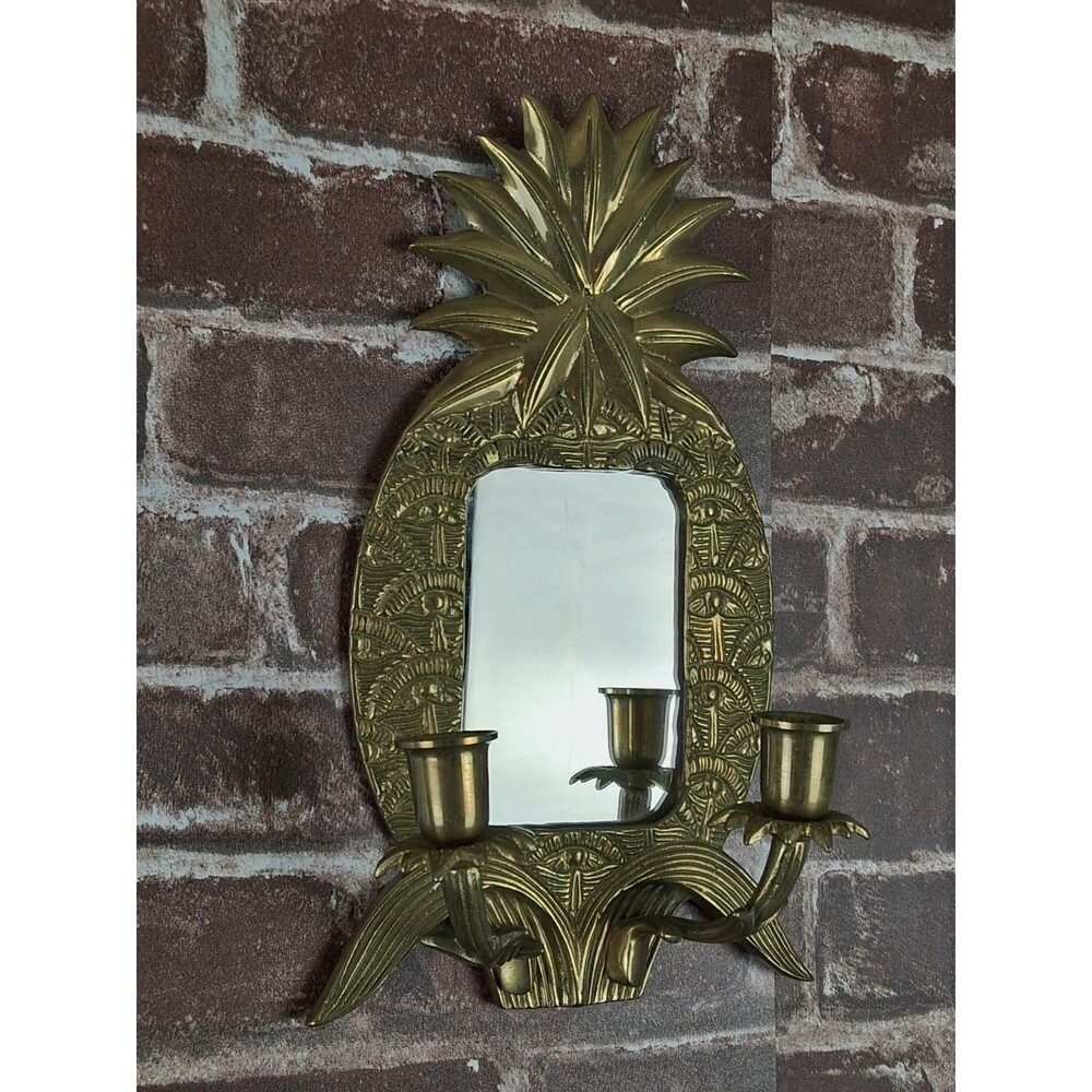 Vintage Brass Pineapple Dual Sconce W/ Mirror Ornate Heavy Wall Decor